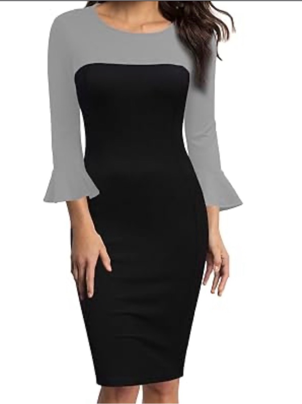 Colorblock Black and Light Gray Bell-Sleeve Long Sleeve Dress